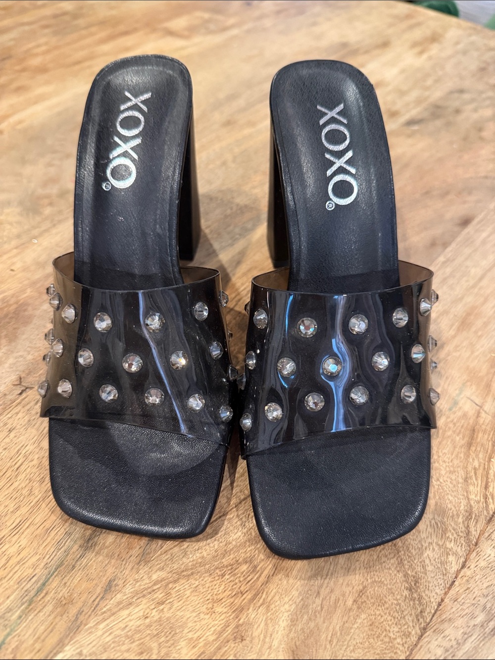 XOXO Black Clear-Stud Slide Mules
